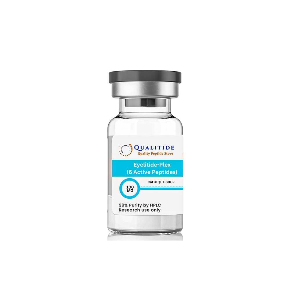 Eyelitide-Plex peptide bottle with silver cap and white label, focusing on eye care.