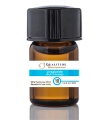 Small amber laboratory bottle labeled "Liraglutide (GLP-1 Analog)" for research use.