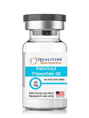 Glass vial of Palmitoyl Tripeptide-38 peptide powder 25mg for research use with 99% purity label